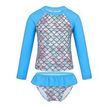 Roupa de banho infantil bebê manga comprida escamas de peixe padrão roupa de banho azul 3 anos