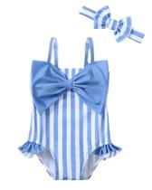 Roupa de banho Mioglrie Blue Stripe Ruffle Bow para bebês de 0 a 3 meses