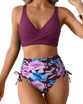 Roupa de banho Vivid Harbor de cintura alta, 2 peças, torcida na frente, gola em V Roupa de banho Vivid Harbor de cintura alta, 2 peças, torcida na frente, gola em V