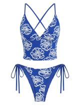 Roupa de banho ZAFUL Tummy Control Tankini com decote em V, cintura alta, 2 peças, azul Roupa de banho ZAFUL Tummy Control Tankini com decote em V, cintura alta, 2 peças, azul