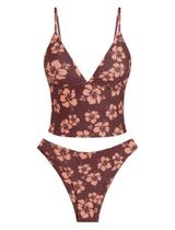 Roupa de banho ZAFUL Tummy Control Tankini com decote em V, cintura alta, 2 peças, marrom