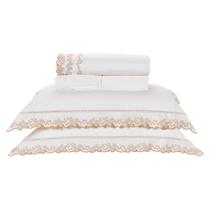 Roupa de Cama Casal Lençol King Percal 200 Fios Algodão 04 Peças Bordado Palha / Dourado