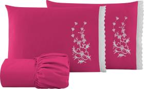 Roupa de Cama Jogo de Lençol Casal Padrão 3 Peças Com Elástico Fronha Bordado Floral Leze