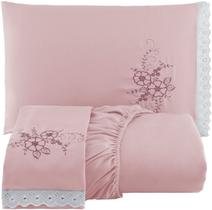 Roupa de Cama Jogo de Lençol Solteiro Colchão Box com Elástico + 1 Fronha Leze Bordada Bordada