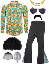 Roupa de discoteca Lydoesy 70s para homens com camisa, calça e peruca Roupa de discoteca Lydoesy 70s para homens com camisa, calça e peruca