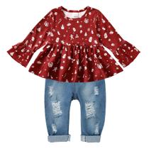 Roupa de Natal para menina CARETOO Ruffle Shirt Jeans Roupa de Natal para menina CARETOO Ruffle Shirt Jeans