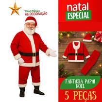 Roupa de Papai Noel Completa Fantasia Natalina Tradicional com Gorro, Casaco, Calça, Cinto e Barba