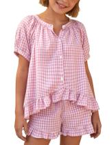 Roupa Flygo Girls Xadrez de 2 peças de algodão guingão de 5 a 14 anos Roupa Flygo Girls Xadrez de 2 peças de algodão guingão de 5 a 14 anos