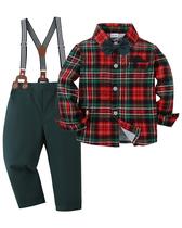 Roupa formal para meninos, camisa xadrez DISAUR, gravata borboleta, suspensórios 4-5Y