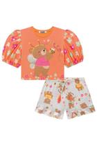 Roupa Infantil Blusa Cropped e Short Em Malha Fresh Manga Bufante Moda Verão Ursinha Kukiê