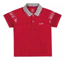 Roupa Infantil Camiseta Gola Polo Charpey Estampada Vermelha Detalhe Cinza Manga Curta