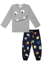 Roupa Infantil Camiseta Manga Longa Calça Estampada Monstrinho Meia Estação Estiloso Confortável