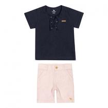 Roupa Infantil Conjunto Camisa Bata Manga Curta Azul Marinho Charpey e Bermuda Linho Pessego Minimalista