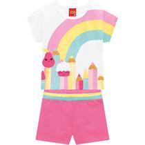 Roupa Infantil Conjunto Kyly Camisa Cropped Estampado Com Short Rosa Feminino Bebê Menina