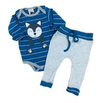 Roupa Infantil Conjuto Bebê Inverno Body Manga Longa e Calça Estampada Raposa Estiloso Confortável