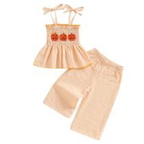 Roupa infantil Kayotuas, camiseta regata de abóbora e calça xadrez de 2 a 3 anos Roupa infantil Kayotuas, camiseta regata de abóbora e calça xadrez de 2 a 3 anos