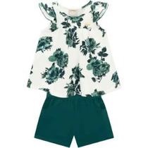 Roupa Infantil Menina Conjunto Milon Blusa Off White Short Verde Estampa Floral Feminino