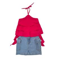 Roupa Infantil Meninas Blusa Babado E Saia Jeans Cargo