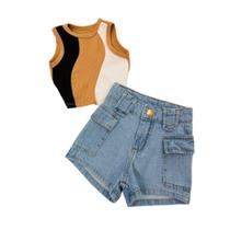Roupa Infantil Meninas Cropped Bicolor E Short Jeans Cargo