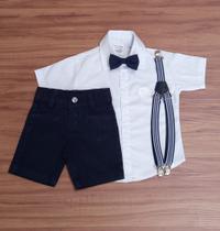 Roupa Menino Batizado Camisa Curta Branco Bermuda Azul Marinho Suspensório Listrado e Gravata Azul - Rafa Modas