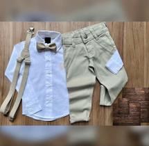 Roupa Menino Infantil Camisa Manga Longa Branco Calça Color Bege Suspensório e Gravata Bege - Rafa Modas