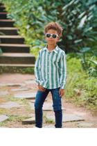 Roupa Menino Infantil Camisa Manga Longa Linho Listrada Verde Calça Jeans Escura