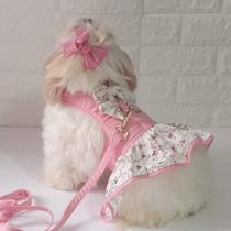 roupa para cachorro vestido pet com guia floral poa rosa