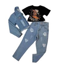 Roupa Para Meninas Moda Infantil Cropped Jaqueta E Calça Jeans 3 Peças Roupa Para Meninas Moda Infantil Cropped Jaqueta E Calça Jeans 3 Peças