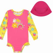 Roupa Proteção Solar Maiô Bebê Menina Praia Piscina Chapéu com Proteção UV