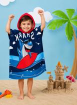 Roupão Atoalhado Infantil Poncho Com Capuz Estampado Cor:Tubarão