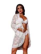 Roupão Branco Renda Transparente Robe Luxo Confortável
