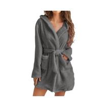 Roupão De Banho Feminino Quente E Confortável Com Capuz, Em Pelúcia Macia, Cor Sólida, Para Inverno,
