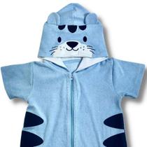 Roupão infantil azul manga curta com zíper e capuz forrado bordado tigre com orelhas