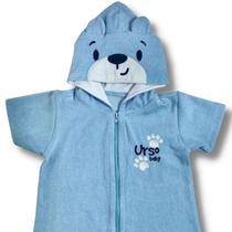 Roupão infantil azul manga curta com zíper e capuz forrado bordado urso com orelhas
