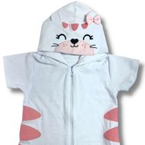 Roupão infantil branco e rosa manga curta com zíper e capuz forrado bordado tigre com orelhas