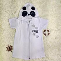 Roupão infantil branco manga curta com zíper e capuz forrado bordado panda