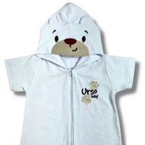 Roupão infantil branco manga curta com zíper e capuz forrado bordado urso com orelhas