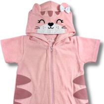 Roupão infantil rosa manga curta com zíper e capuz forrado bordado tigre com orelhas