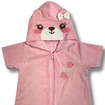 Roupão infantil rosa manga curta com zíper e capuz forrado bordado urso com orelhas