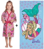 Roupão Menina Barbie Aveludado + Toalha de Banho, Natação, Praia, Piscina - G (8 a 10 Anos) - Lepper