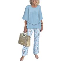 Roupas de 2 peças: blusa e calça femininas azuis de dupla camada LOZ Roupas de 2 peças: blusa e calça femininas azuis de dupla camada LOZ