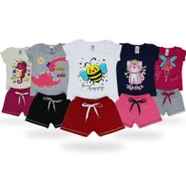 Roupas de Crianças 5 Conjuntos de Menina Moda Infantil Blusas Manga curta e Shorts em Moletinho