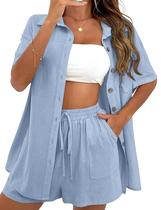 Roupas de duas peças APAFES femininas de verão: algodão, linho, azul Roupas de duas peças APAFES femininas de verão: algodão, linho, azul