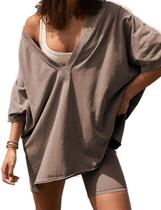 Roupas de duas peças TAQCUX 2 para mulheres e camisetas de verão com decote em V Roupas de duas peças TAQCUX 2 para mulheres e camisetas de verão com decote em V