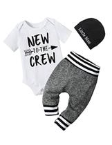 Roupas de menino bebê 0-3 meses Novo para a carta da tripulação imprimir romper bodysuit +calças +chapéu 3PCS Roupas