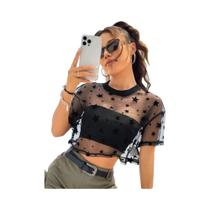 Roupas de verão com estampa de estrela e ombro caído, top de malha sem camisola