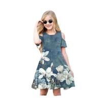 Roupas infantis flor fora do ombro em torno do pescoço moda vestido manga curta