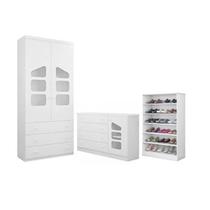 Roupeiro 2 Porta e Gavetas + Cômoda Algodão Doce MDF + Sapateira Bella - Bela Móveis