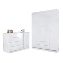 Roupeiro 4 Portas + Cômoda Sapateira Maria MDP Branco - Bela Móveis