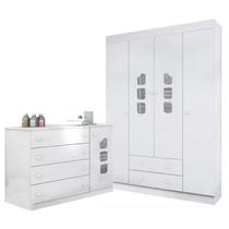 Roupeiro 4 Portas e Cômoda Ana Lívia 100% MDF Branco para Jogo de Quarto Infantil - Bela Móveis Roupeiro 4 Portas e Cômoda Ana Lívia 100% MDF Branco para Jogo de Quarto Infantil - Bela Móveis